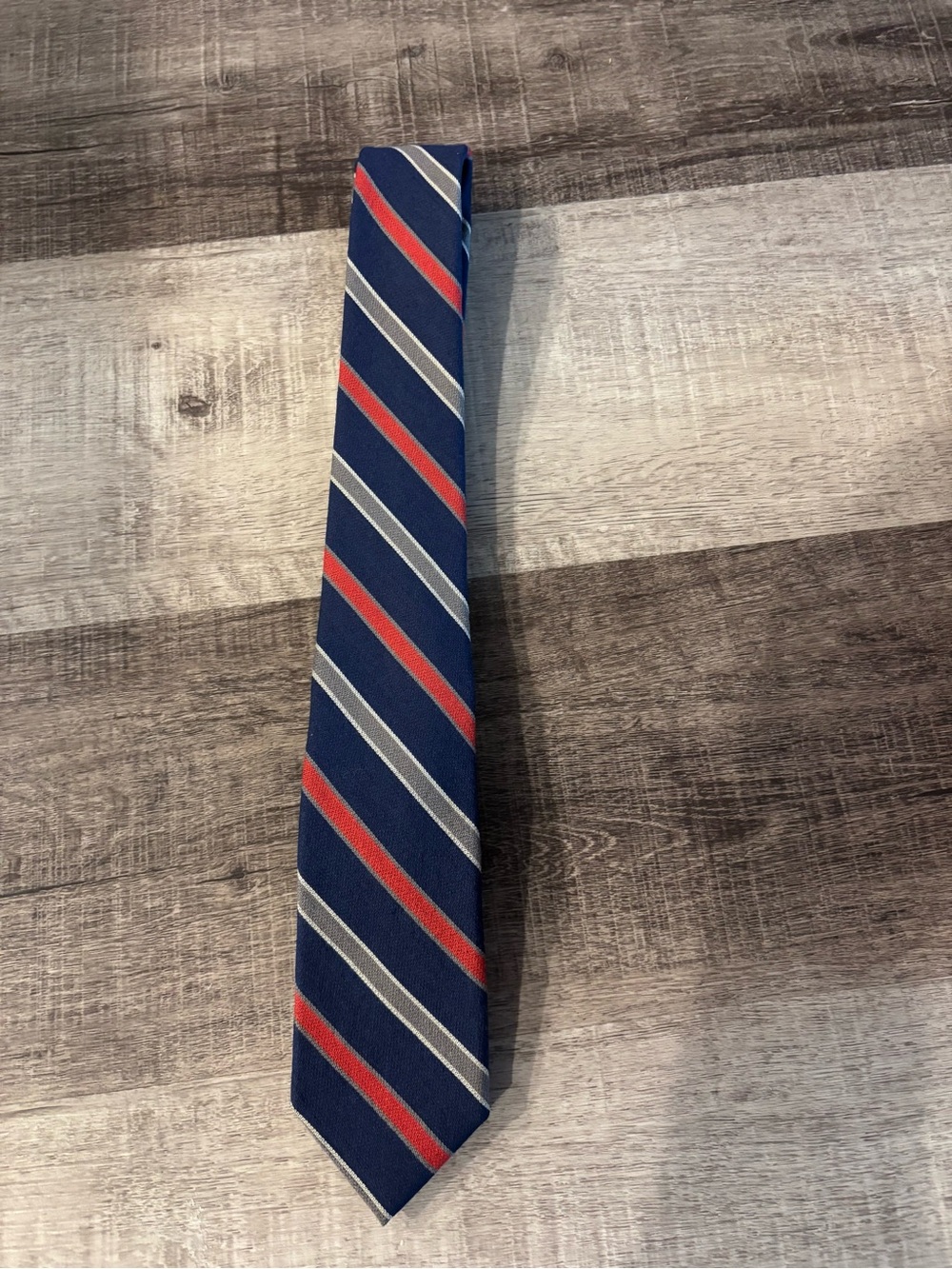 Banana Republic Navy Tie with Red and Gray Diagonal Stripes